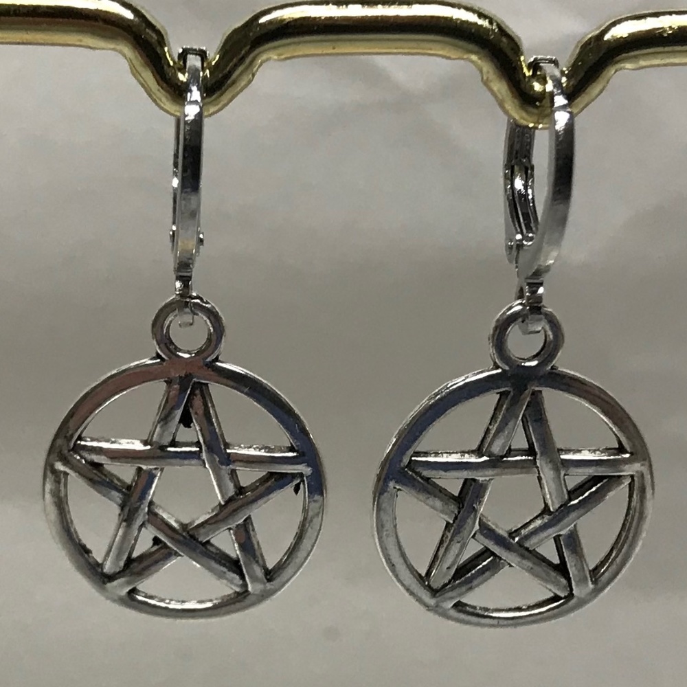 Gothic Pagan Silver Pentagram Pentacle Handmade Hoop Earrings, Encircled Stars - Picture 7 of 12